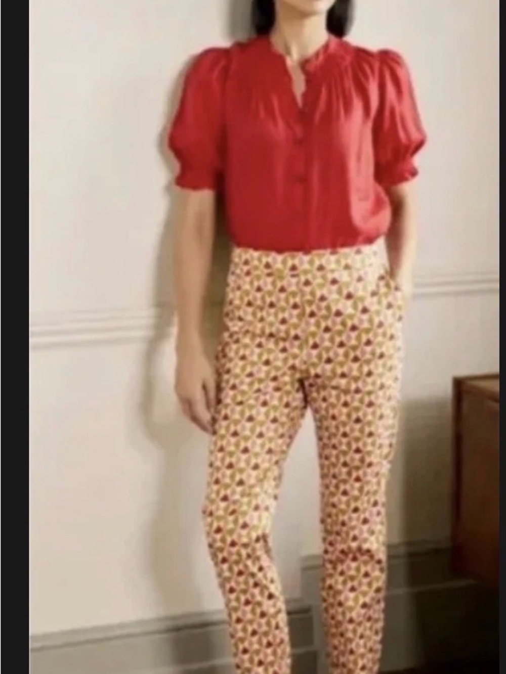 Boden Cream Trousers with Red Geometric Print